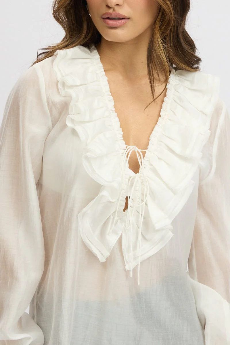 White Poet's Top V Neck Long Sleeve Frilled