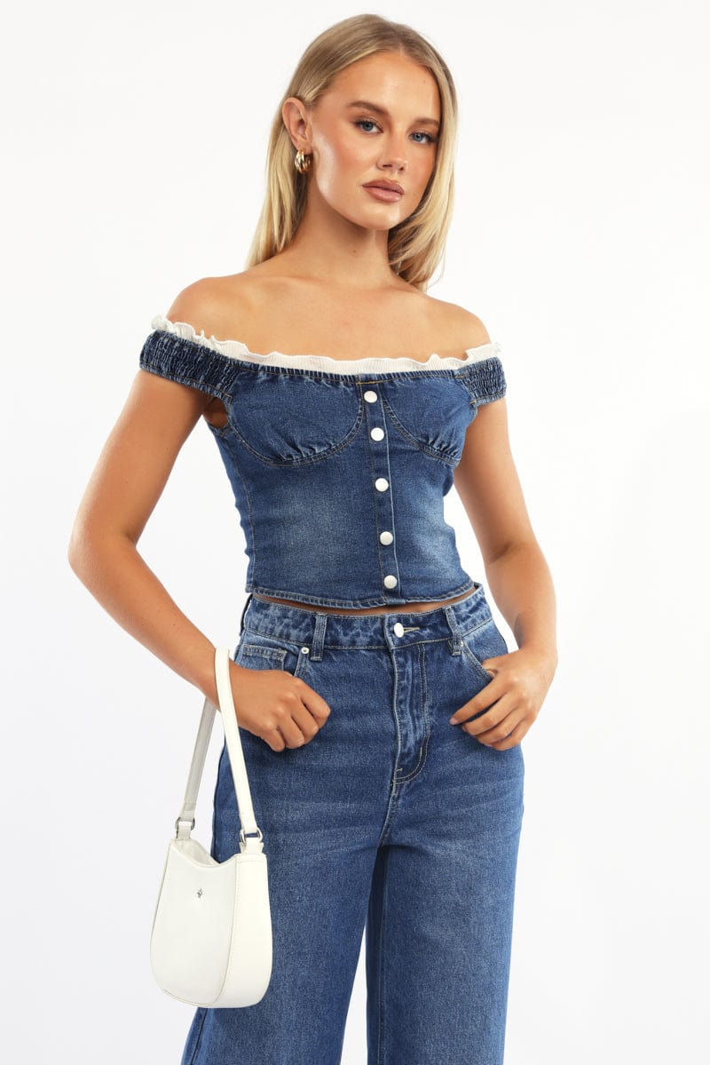 Denim Off Shoulder Top Shirred Back Button Details