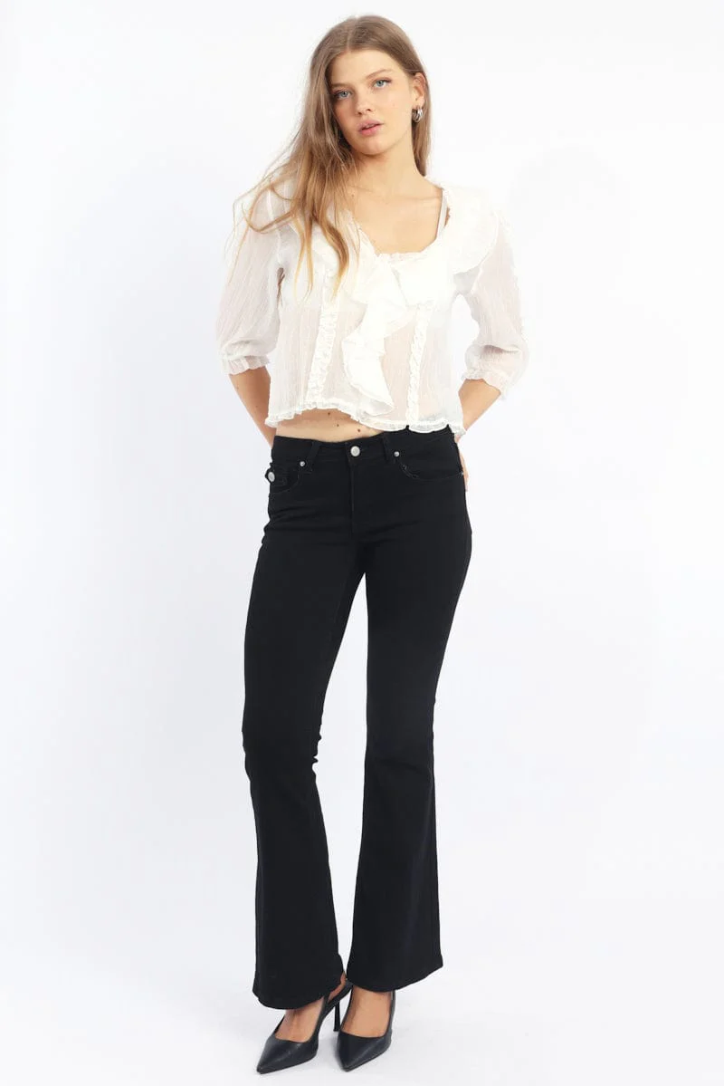 White Ruffled Top Mid Sleeve V-neck Poet's Blouse