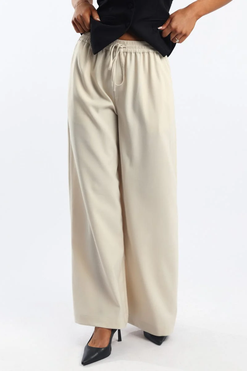 Beige Wide Leg Pants Elasticated Waist