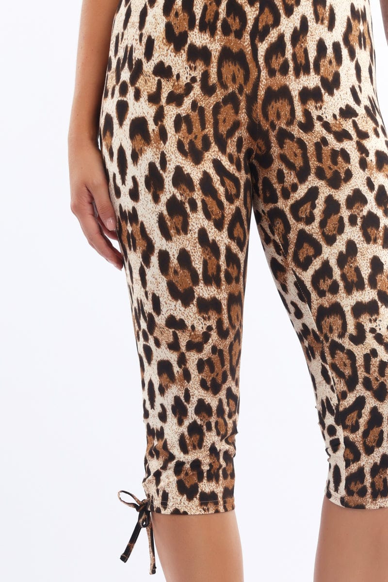 Brown Animal Print Capri Pants Side Ribbon