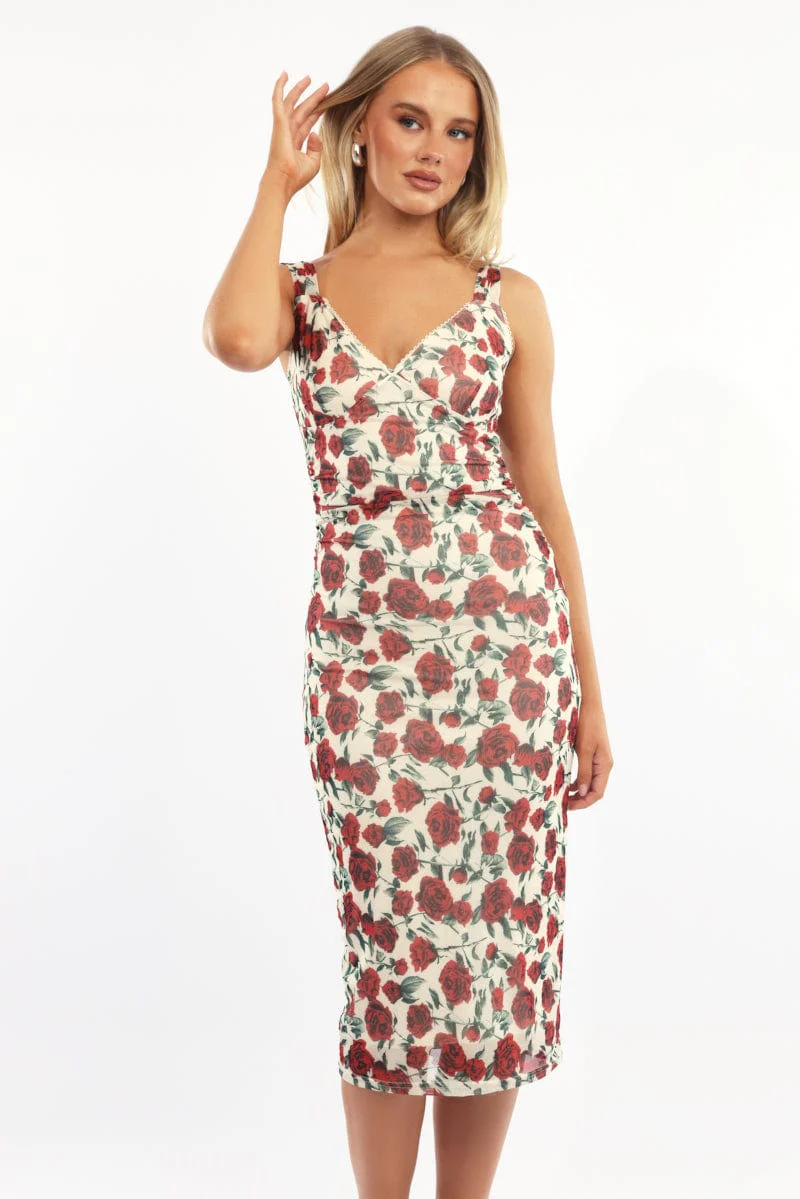 Beige Floral Bodycon Dress Mesh