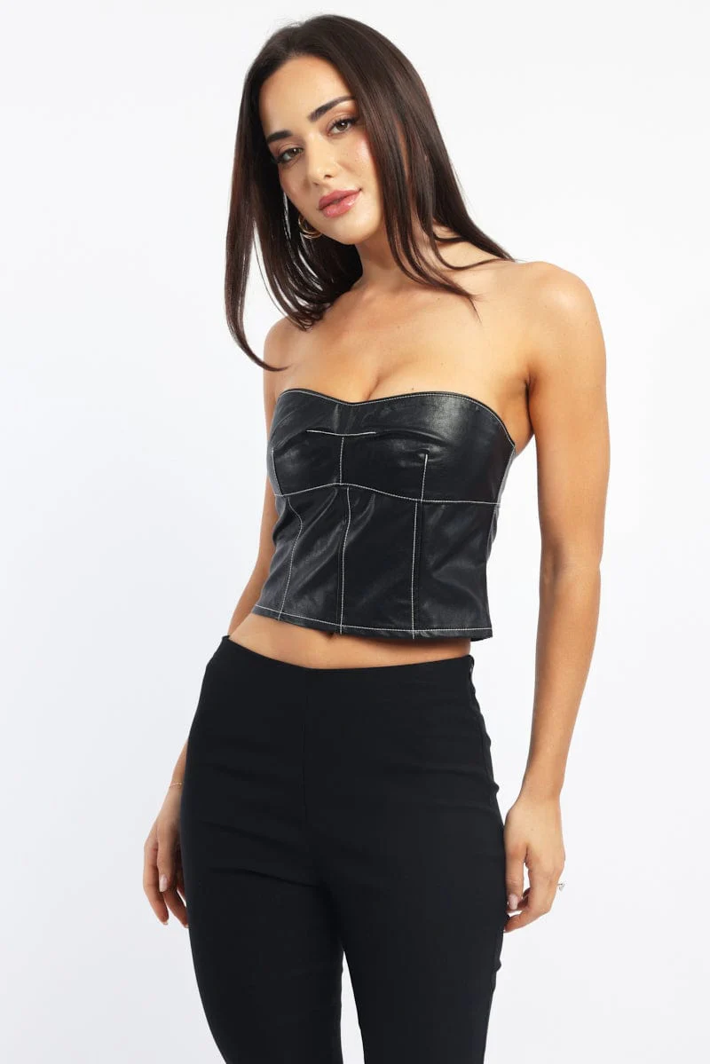 Black PU Corset Bandeau Sleeveless Sweetheart Neckline