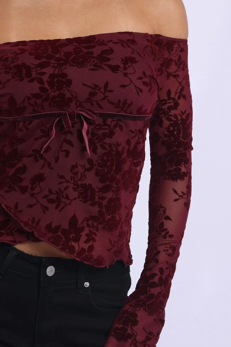 Red Off Shoulder Top Long Sleeve