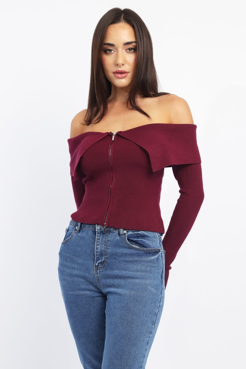 Red Cardigan Off Shoulder Zip Up