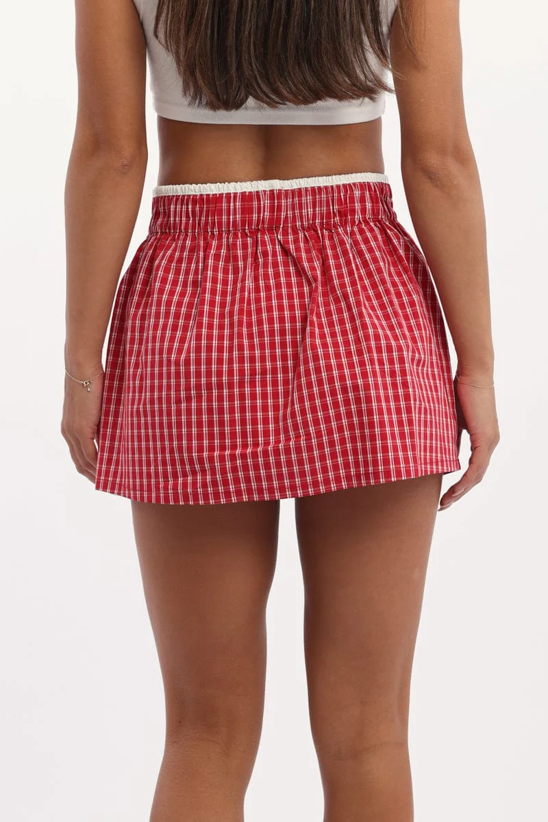 Red Check Boxer Mini Skirt Mid Rise Relaxed Fit