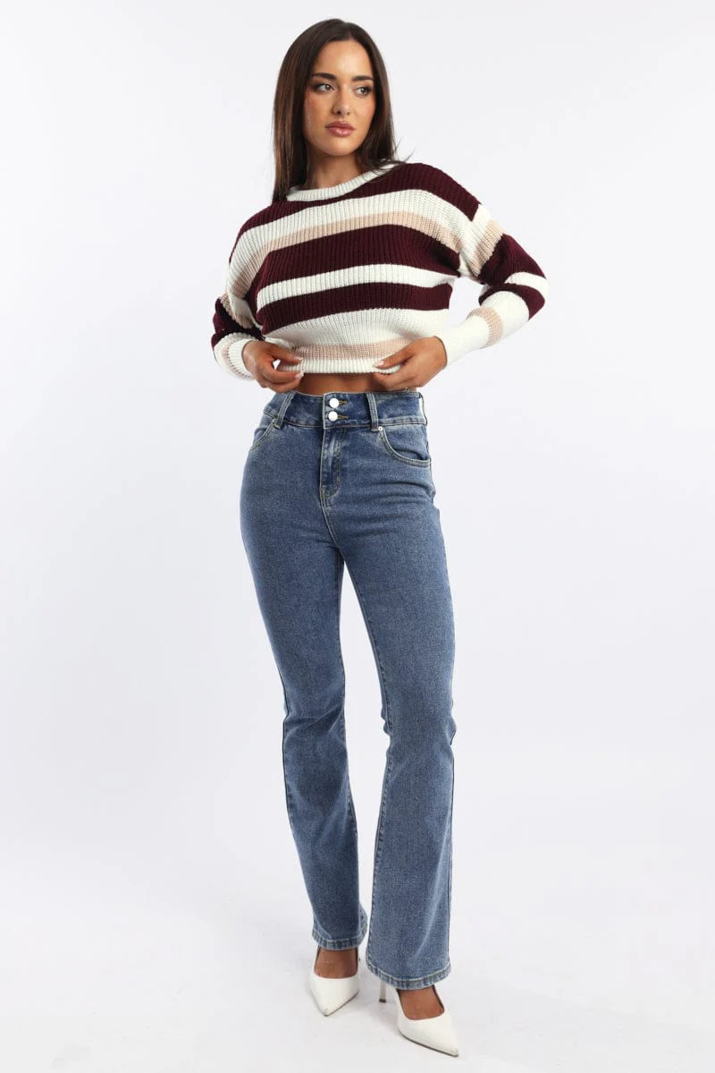 Red Stripe Knit Top Long Sleeve Color Block