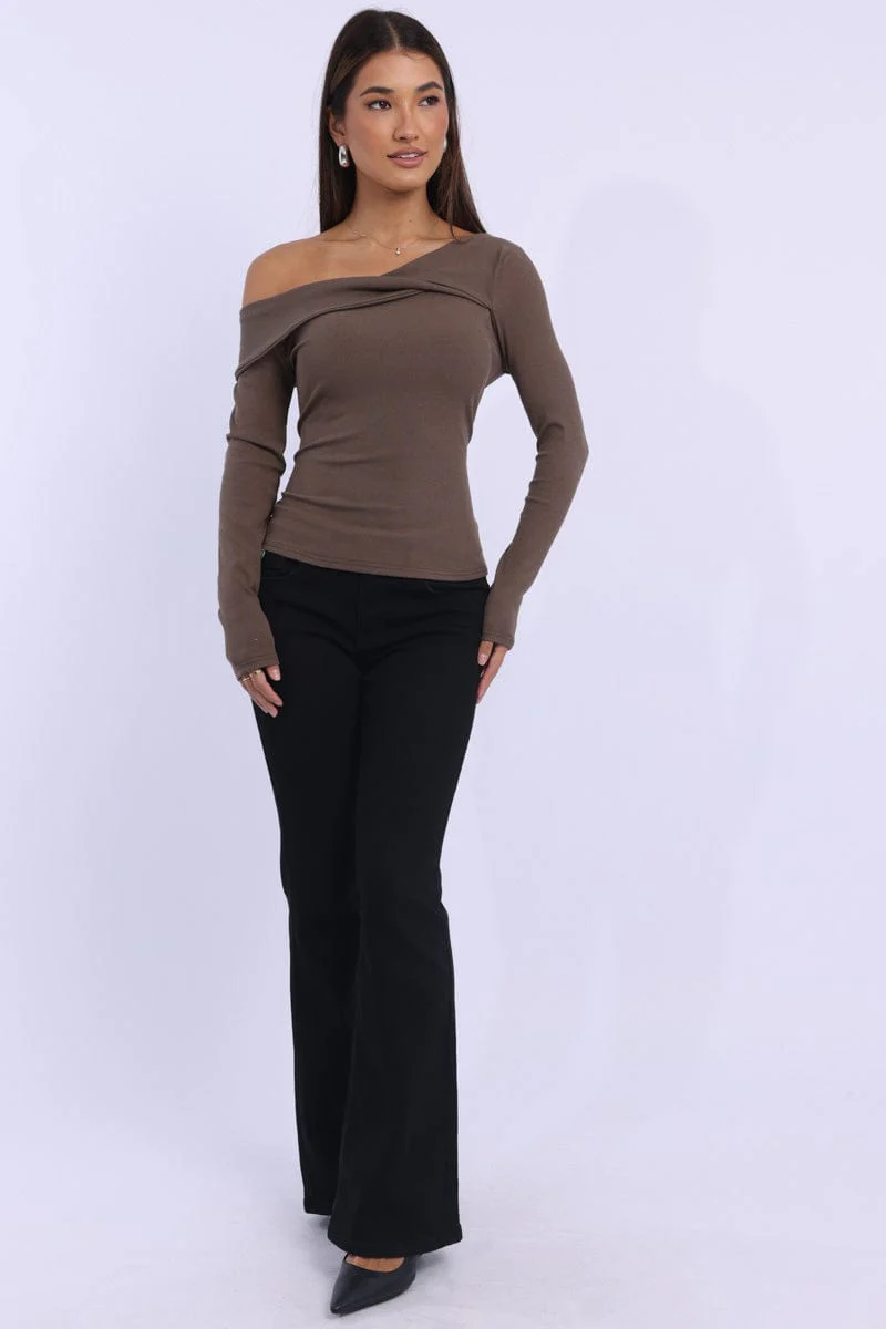 Brown One Shoulder Top Long Sleeve