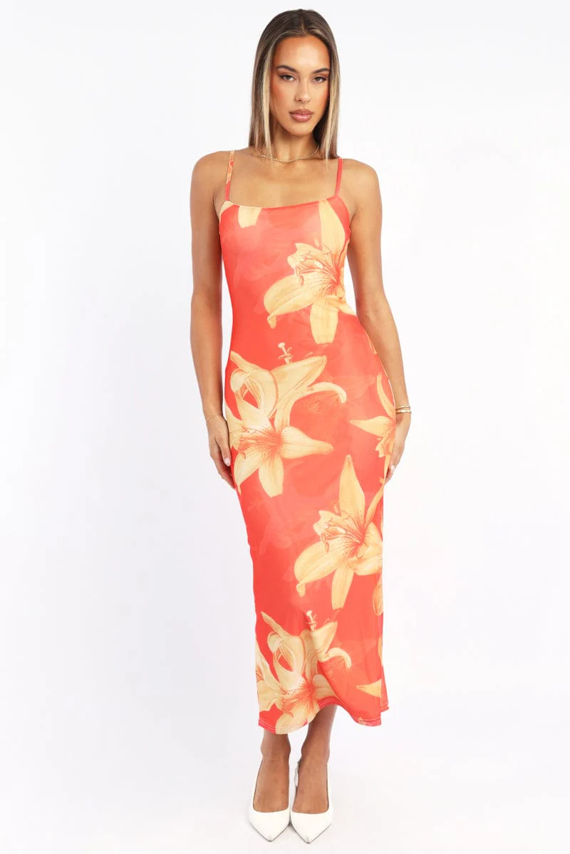 Orange Floral Bodycon Dress Maxi Mesh Â