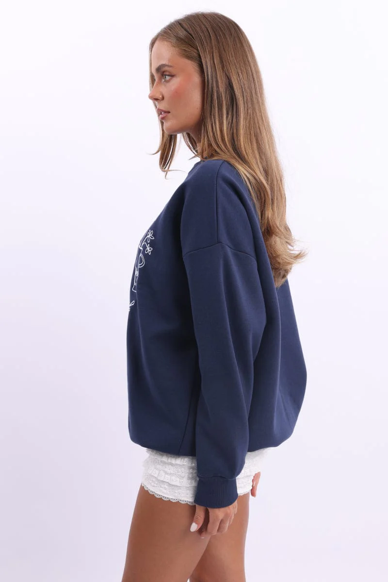 Blue Graphic Sweater Long Sleeve