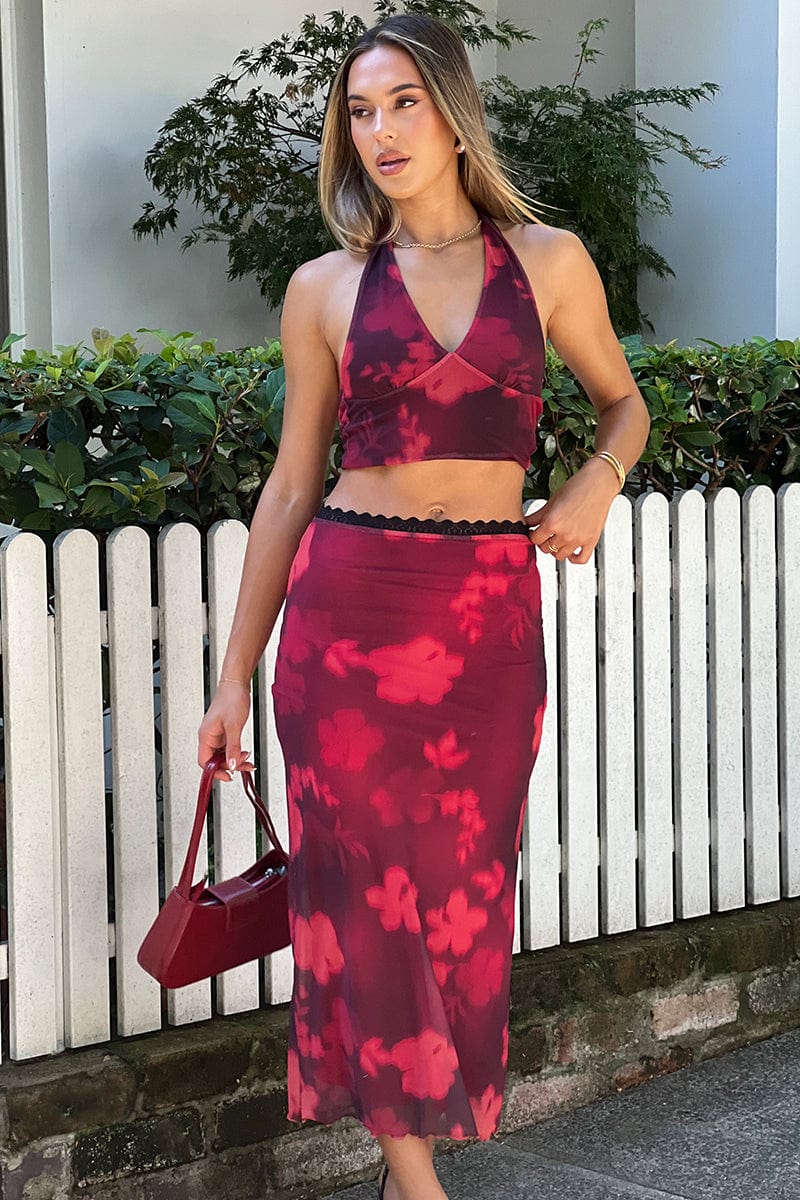 Red Floral Mesh Skirt Elasticated Lace Trim Midaxi