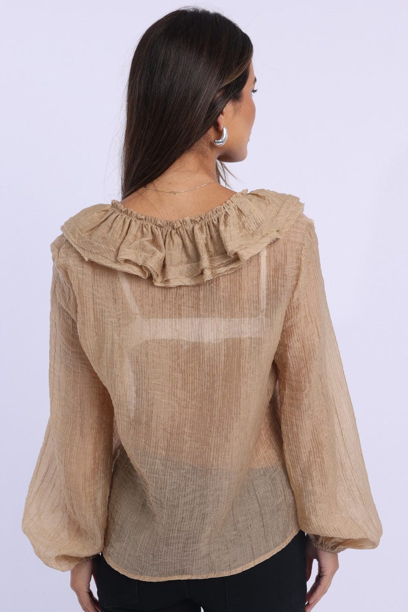 Beige Poet's Top V Neck Long Sleeve Frilled