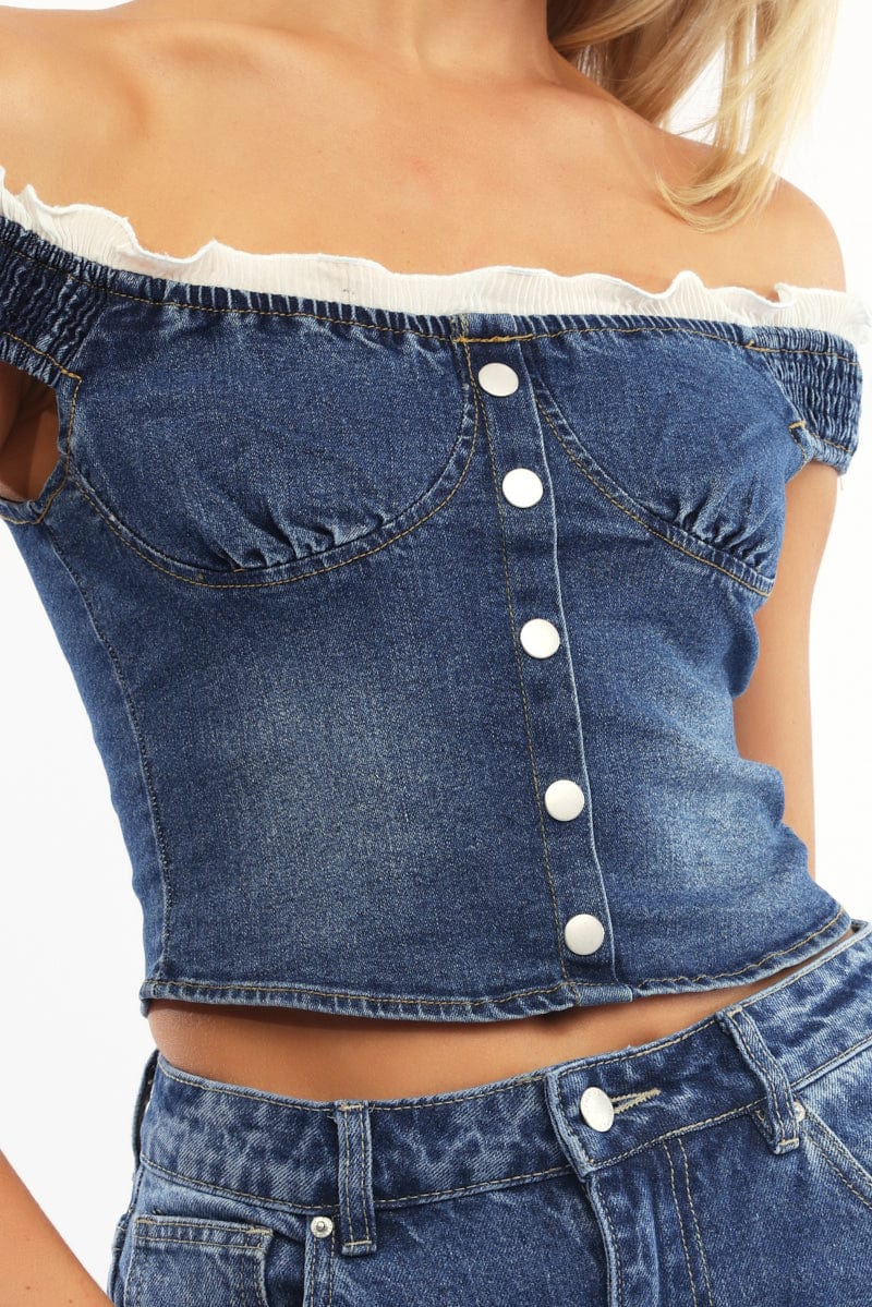 Denim Off Shoulder Top Shirred Back Button Details