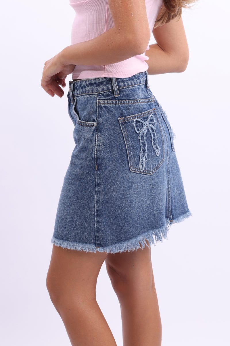 Denim Mini Skirt Mid Rise Relaxed Fit Bow Pocket Detail