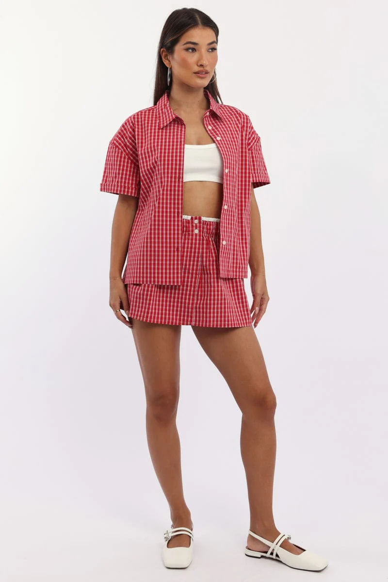 Red Check Short Sleeve Shirt Button Up