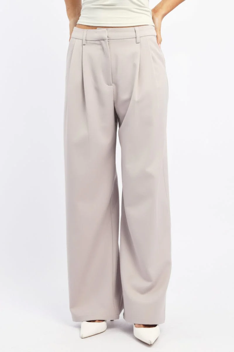 Beige Wide Leg Pants High Rise