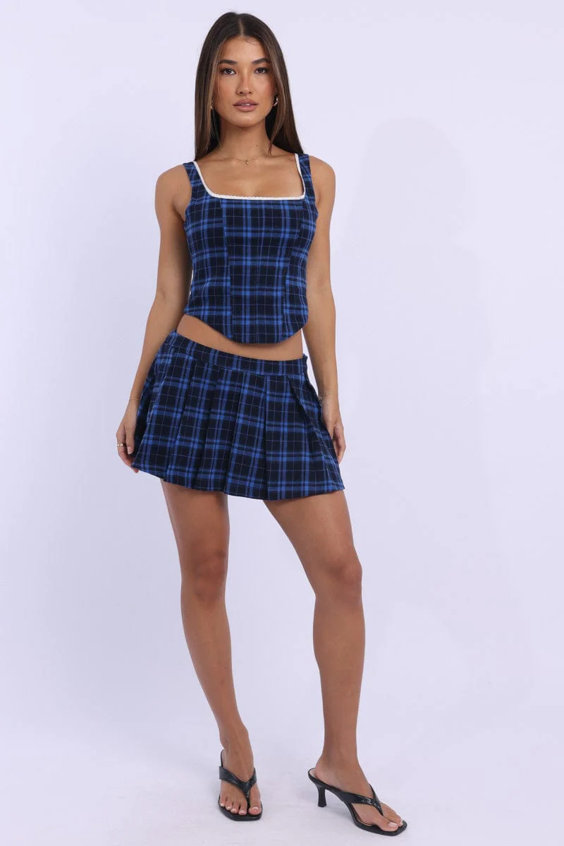Blue Check Corset Top Sleeveless Scoop Neck Picot Trim Detail