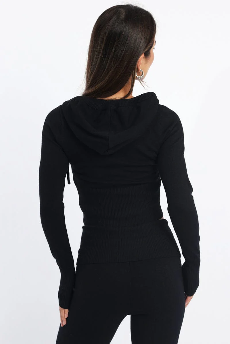 Black Hooded Knit Cardigan