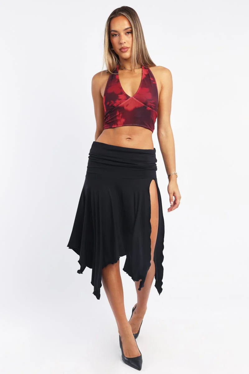 Red Floral Halter Neck Top Tie Back Mesh