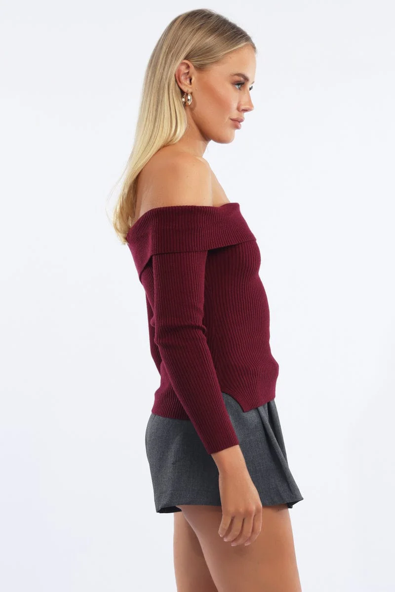 Red One Shoulder Knit Top Long Sleeve