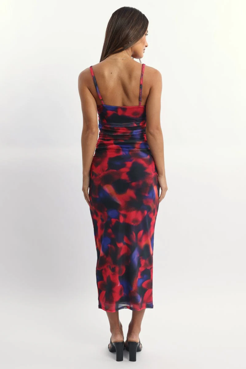 Multi Floral Bodycon Dress Mesh Maxi
