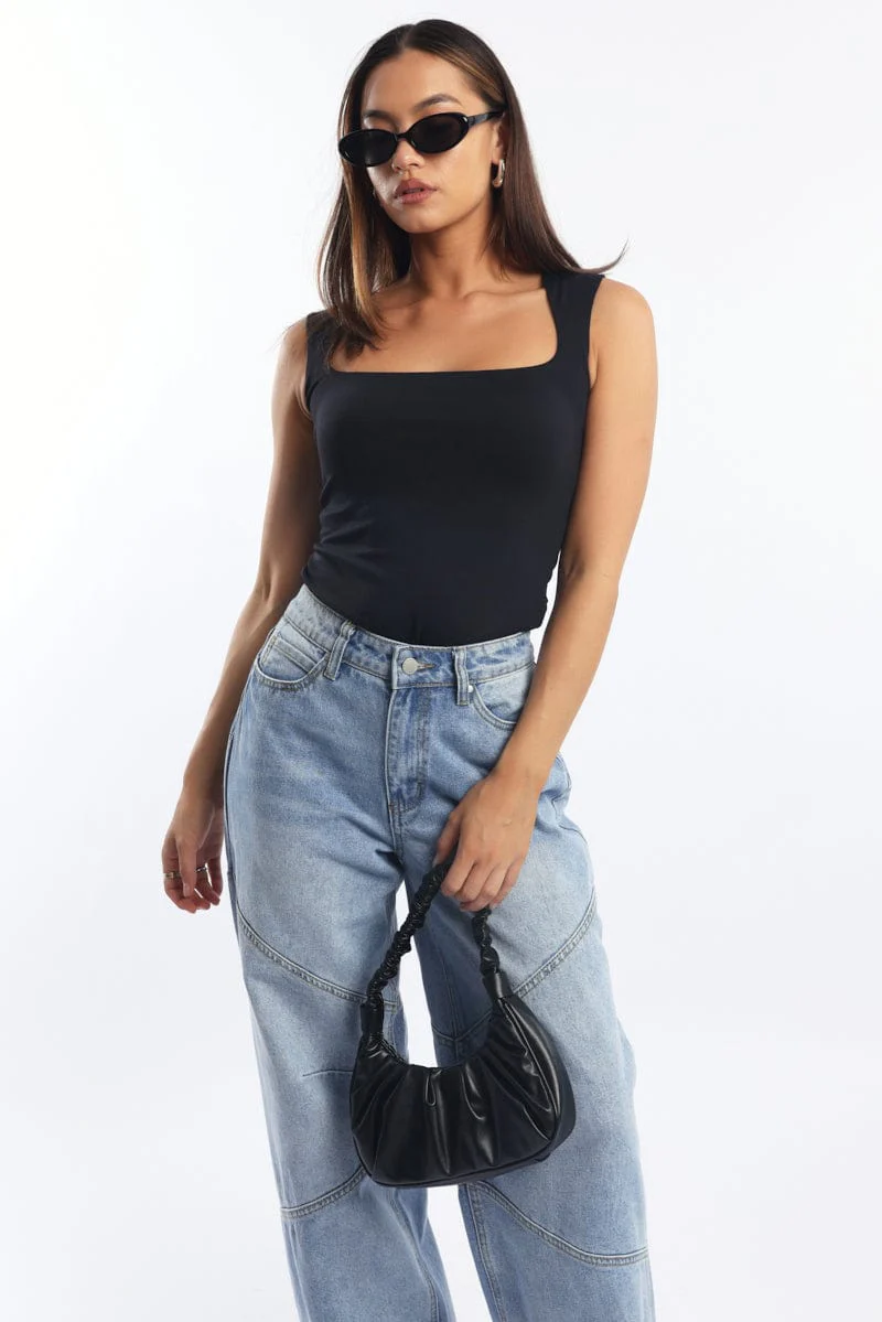 Black Supersoft Tank Top Square Neck Double Layered