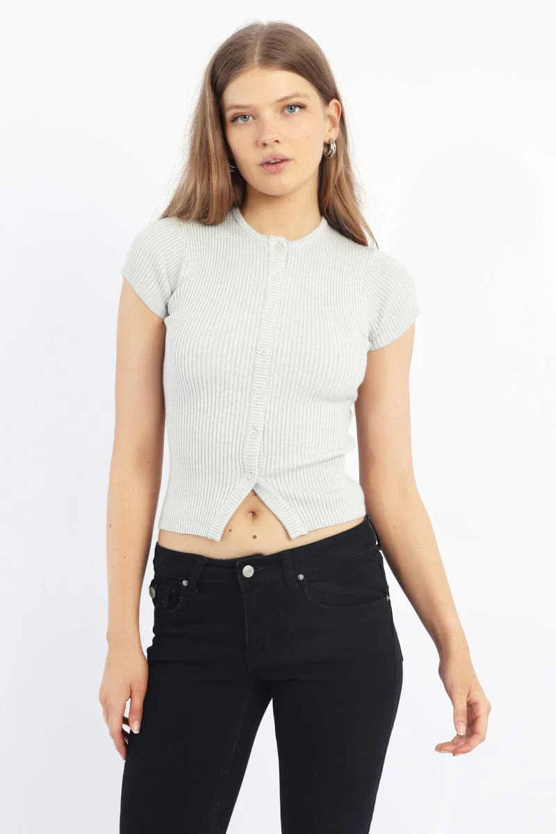 Grey Knit Top Short Sleeve Ribbed