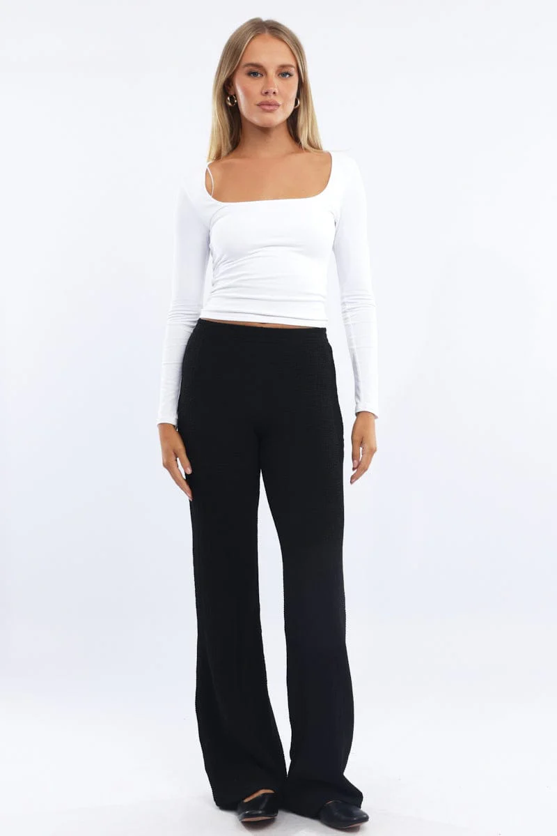 Black Wide Leg Pants Textured Fabric