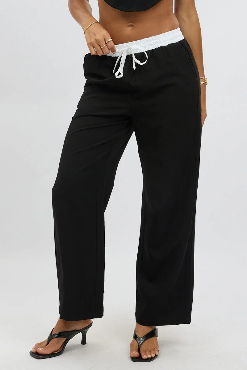Black Wide Leg Pants Elasticated Contrast Waist