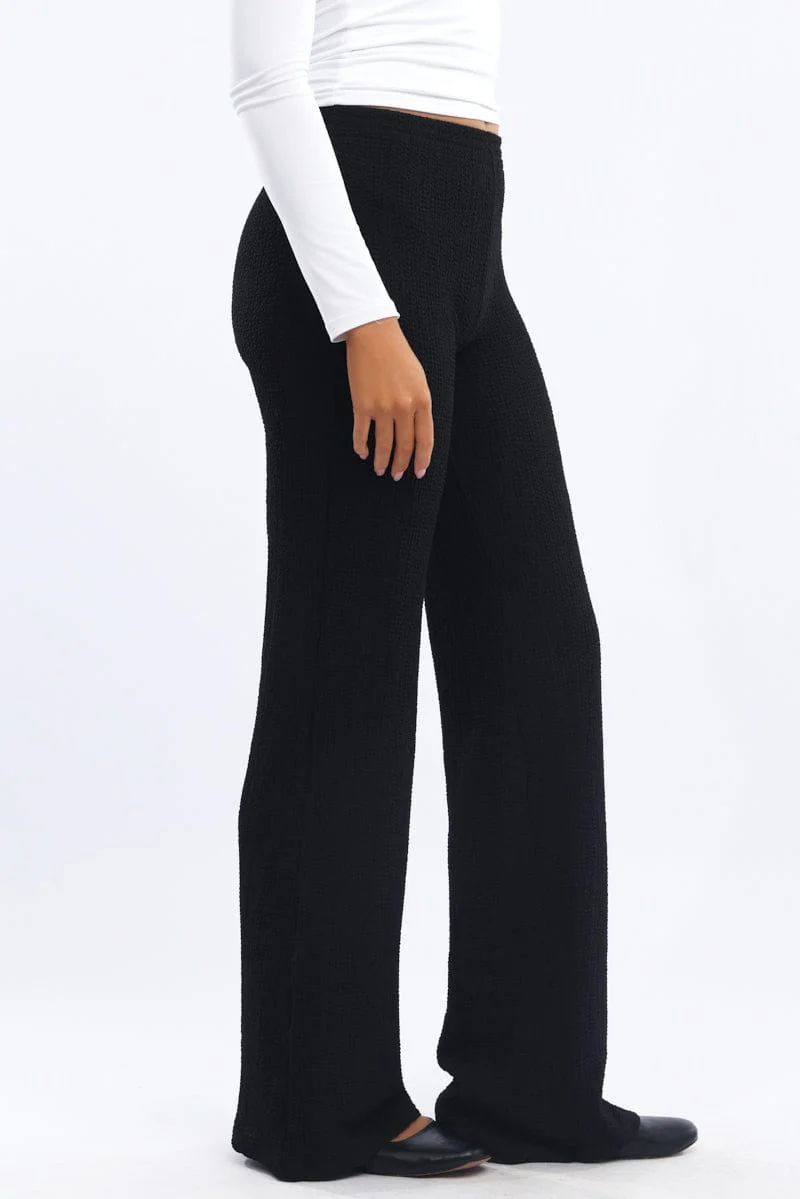 Black Wide Leg Pants Textured Fabric