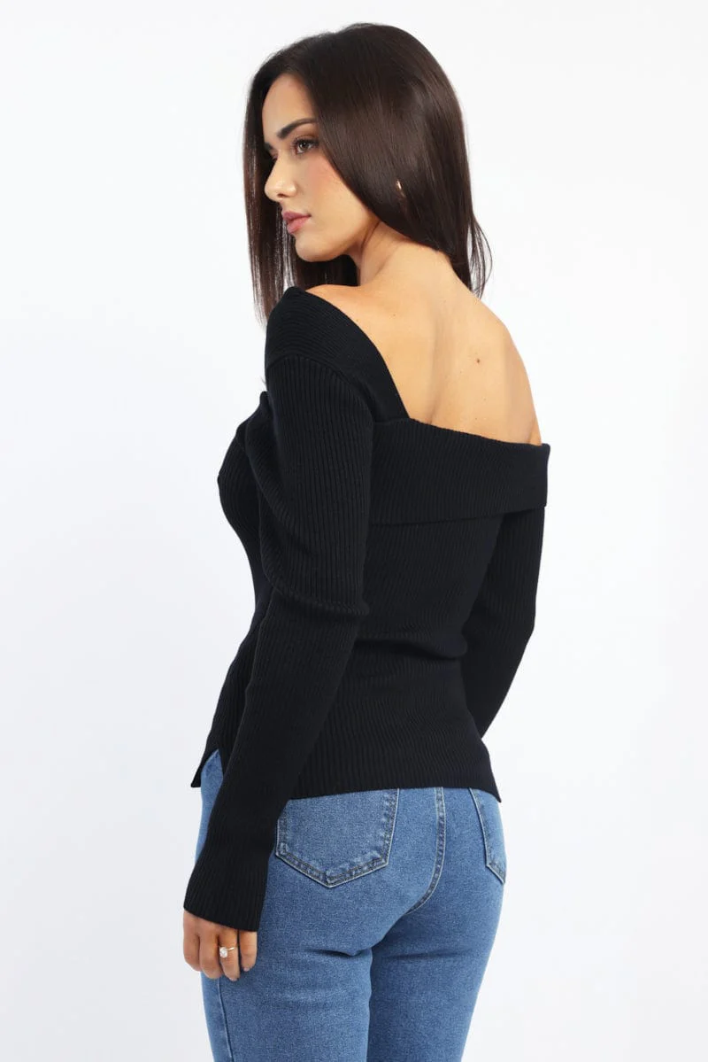 Black One Shoulder Knit Top Long Sleeve
