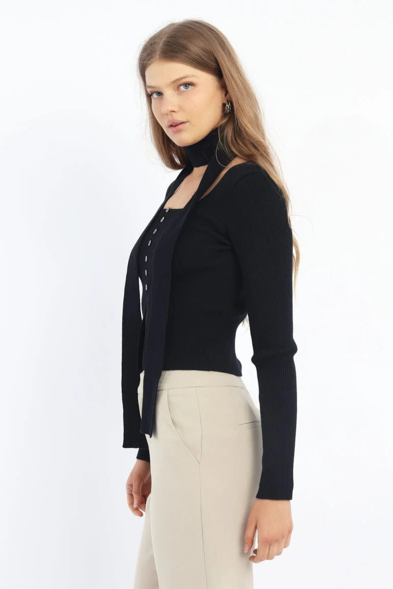 Black Knit Top Long Sleeve Scarf