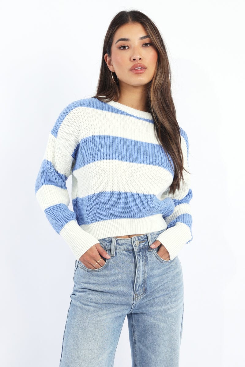 Blue Stripe Knit Top Long Sleeve Color Block