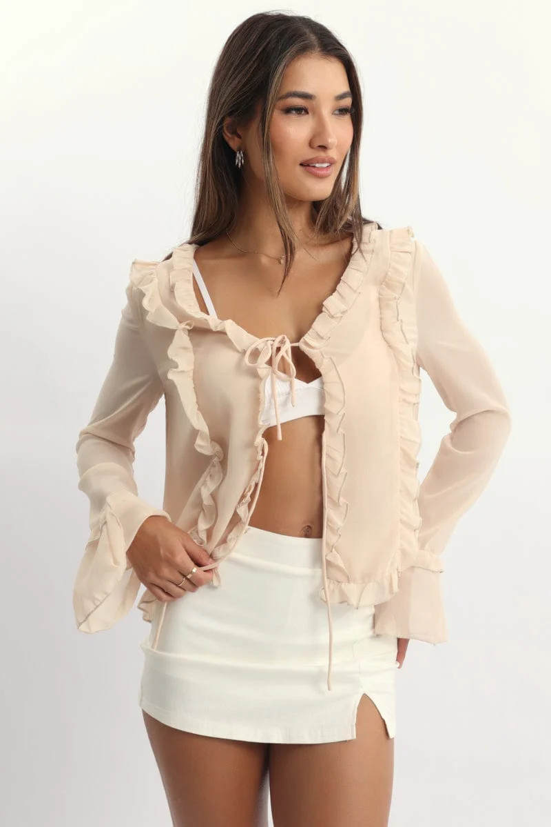 Beige Tie Up Top Long Sleeve V Neck Filled