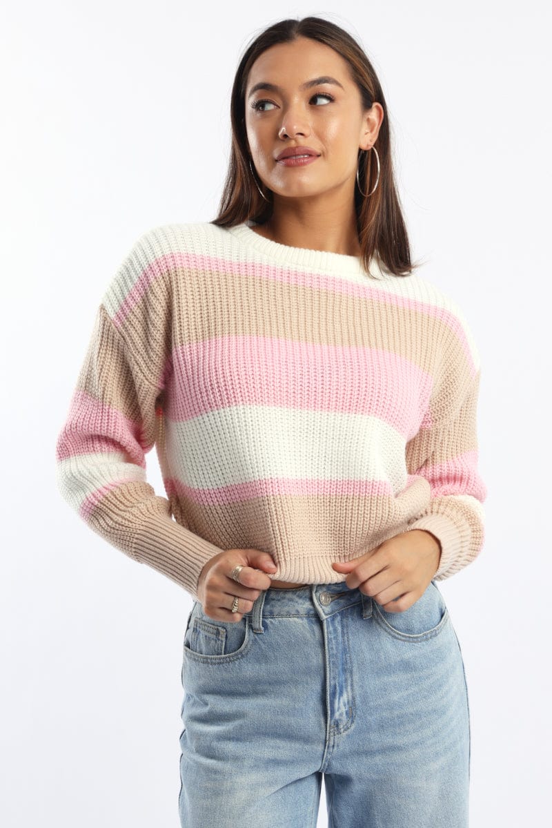 Pink Stripe Knit Top Long Sleeve Color Block