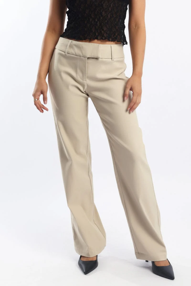 Beige Straight Fit Low Rise Pants