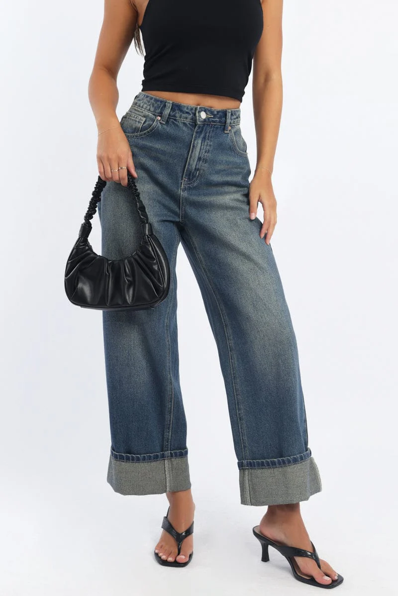 Denim Straight Jeans Fold Up