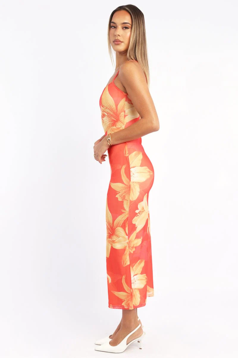 Orange Floral Bodycon Dress Maxi Mesh Â