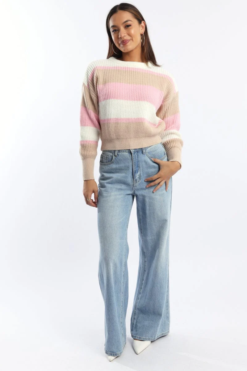 Pink Stripe Knit Top Long Sleeve Color Block