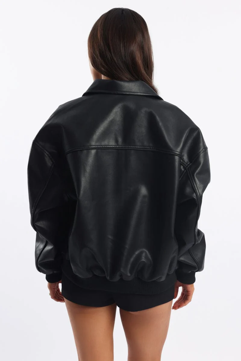 Black Bomber Jacket Faux Leather