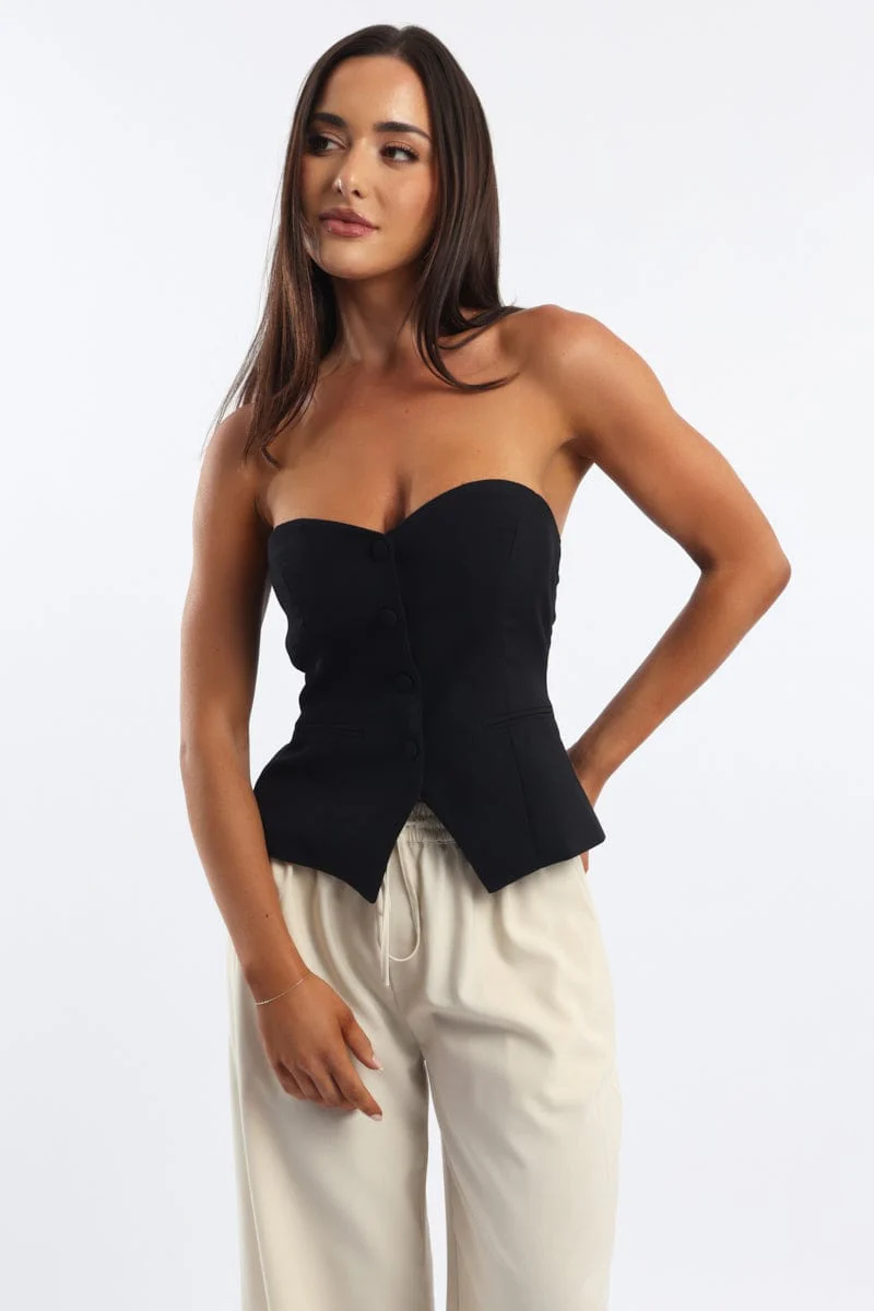 Black Bandeau Vest Sleeveless Sweetheart Tailored