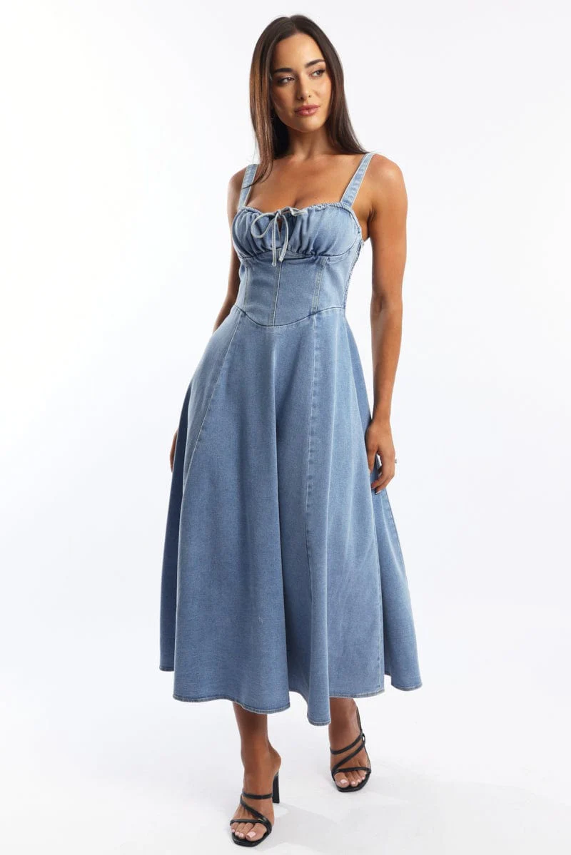 Blue Midi Dress Gathered Bust