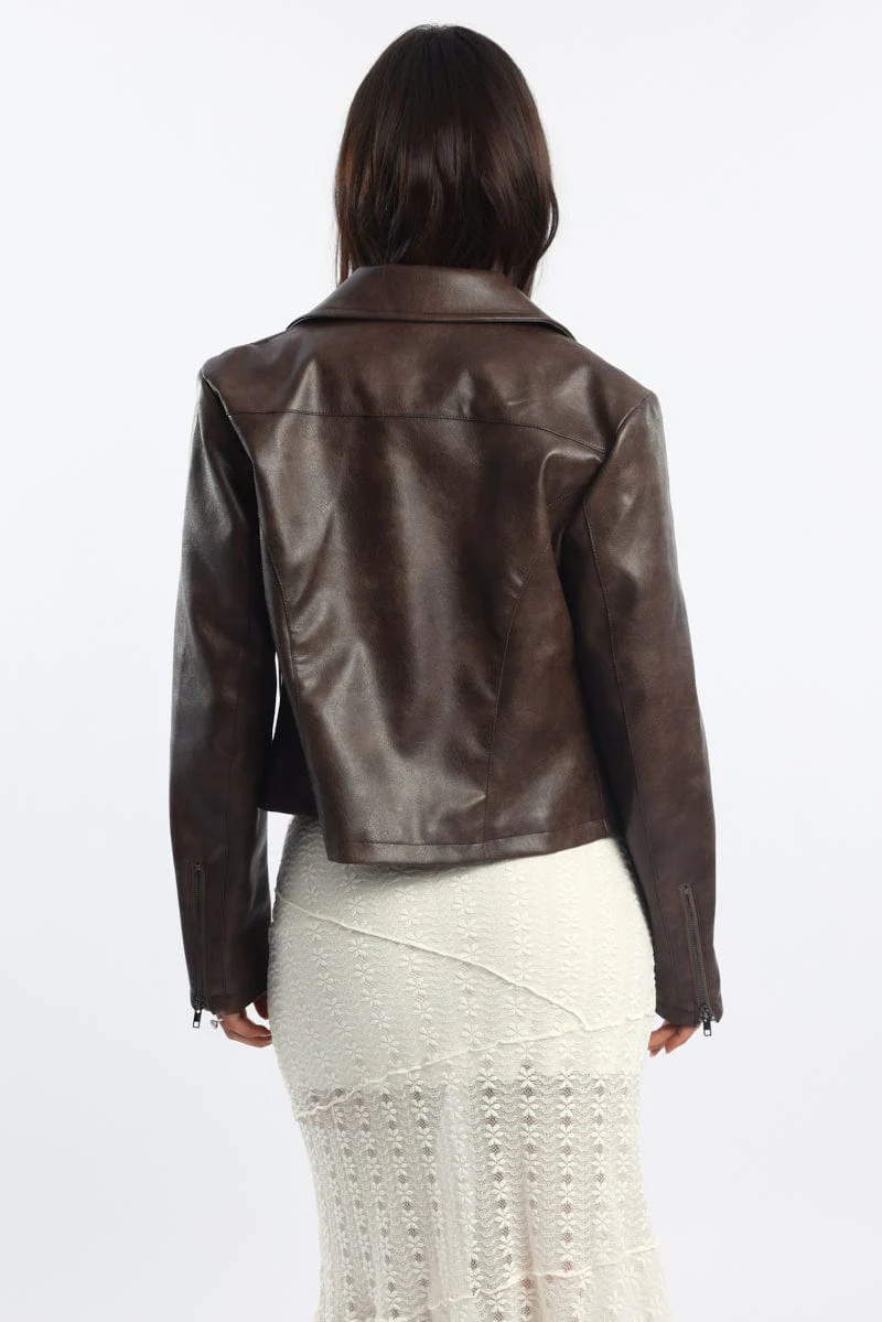 Brown Faux Leather Jacket Long Sleeve