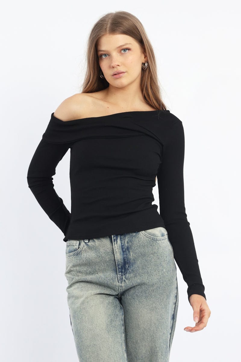 Black One Shoulder Top Long Sleeve