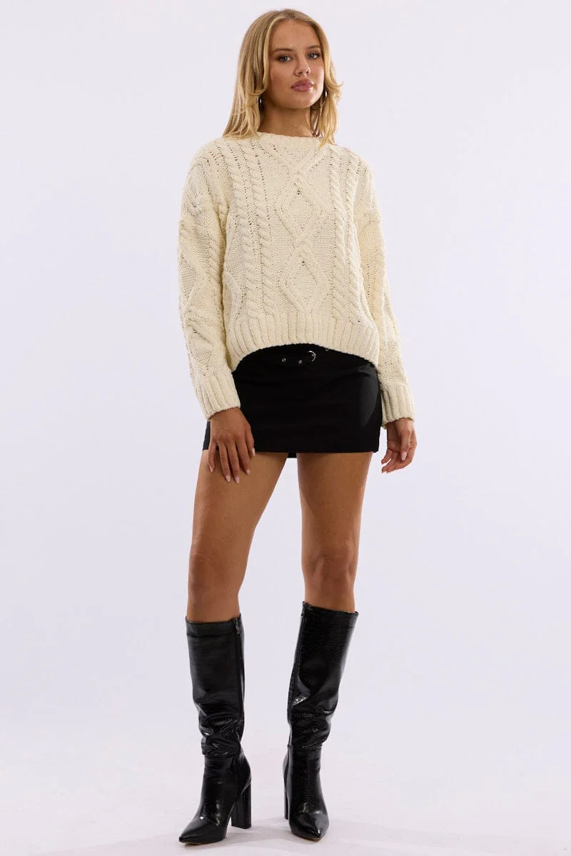White Cable Knit Long Sleeve Crew Neck