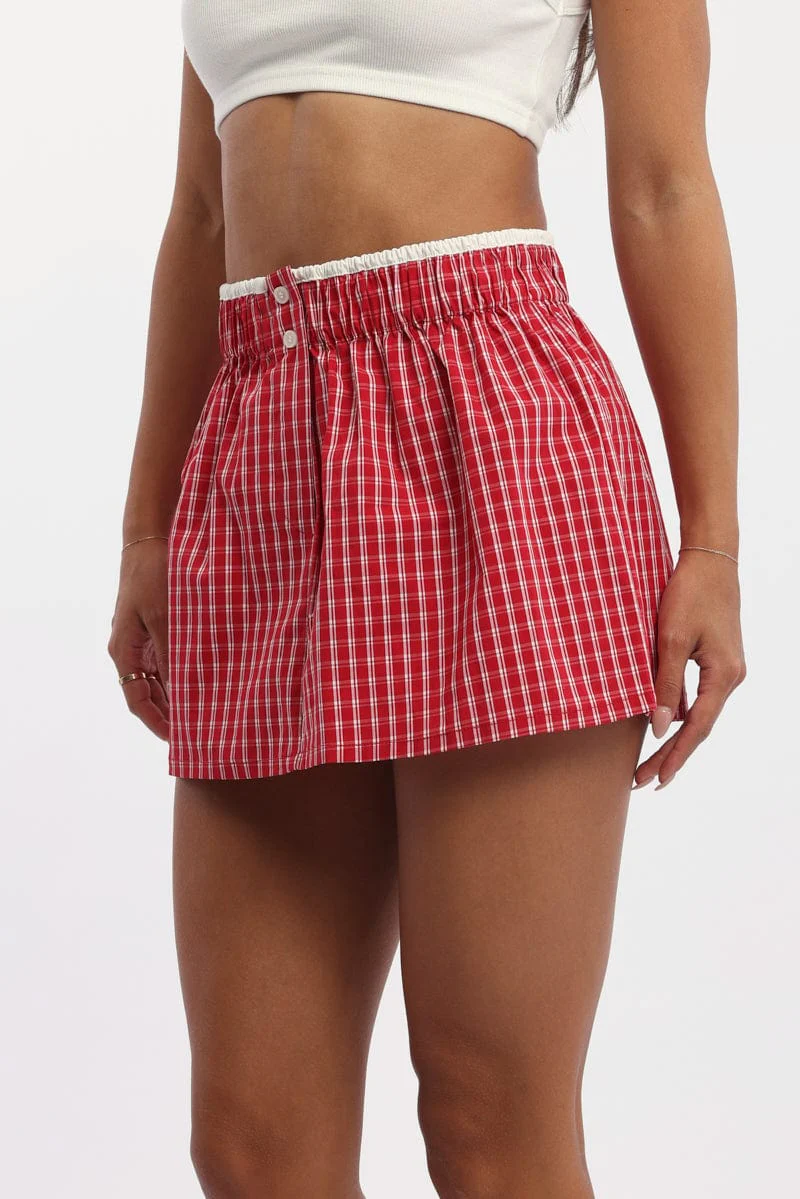 Red Check Boxer Mini Skirt Mid Rise Relaxed Fit
