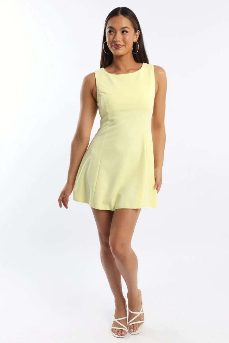 Yellow Mini Dress Boat Neck