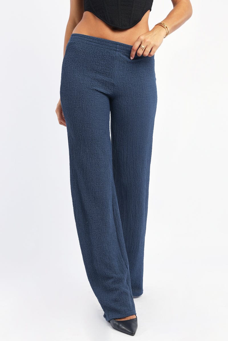 Blue Wide Leg Pants Textured Fabric