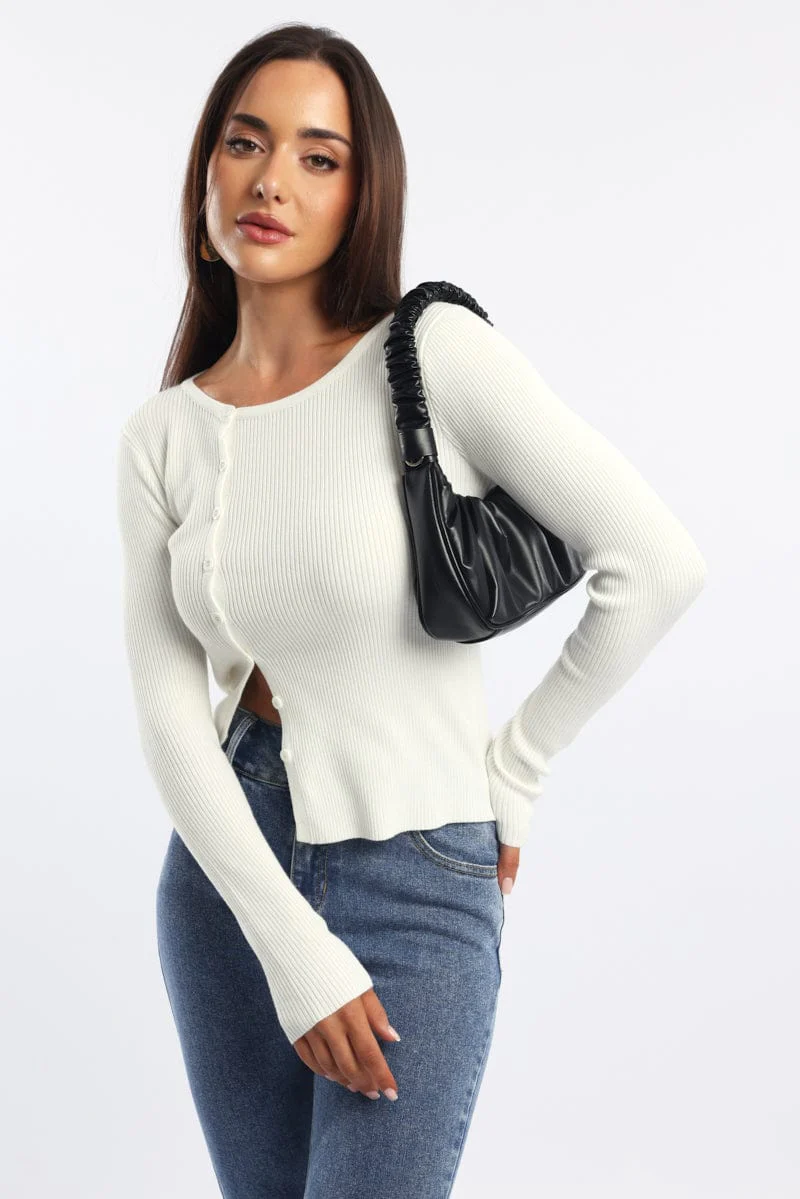 White Knit Cardigan Long Sleeve Crew Neck Button Up