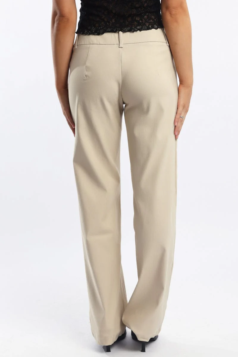 Beige Straight Fit Low Rise Pants
